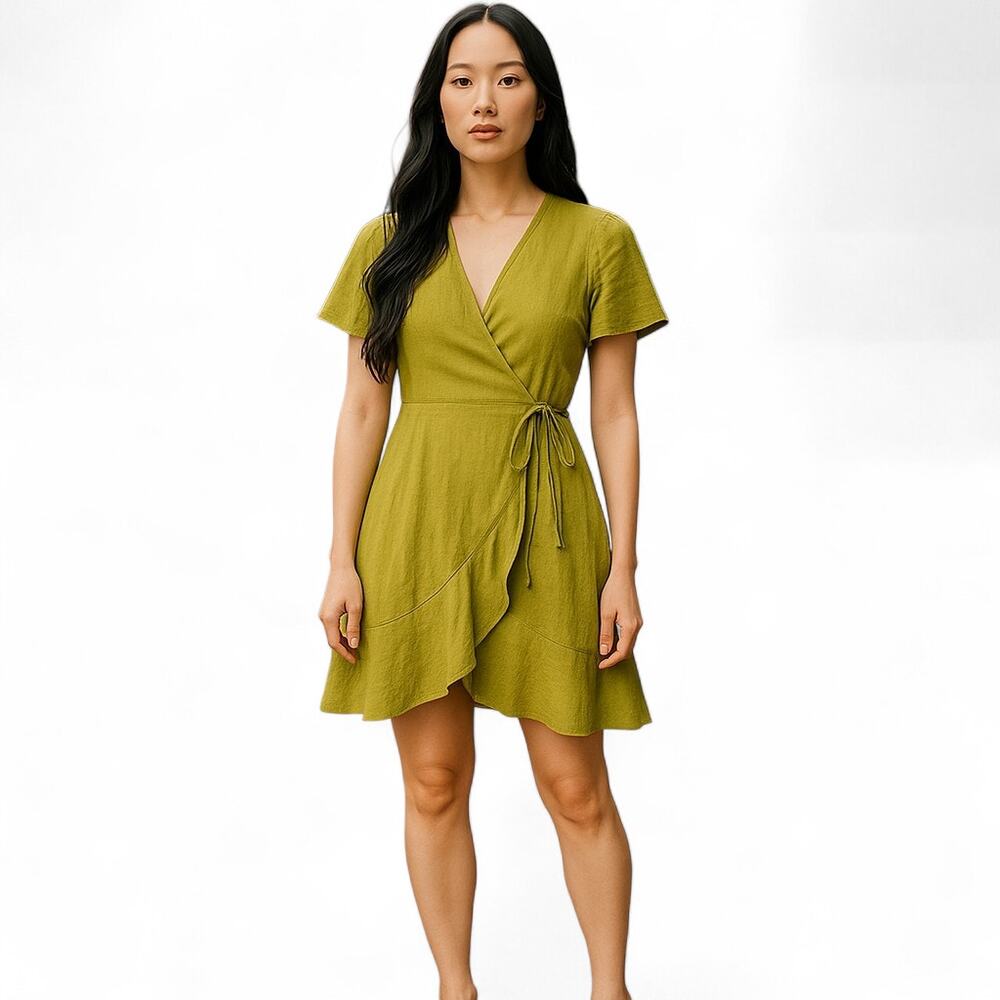 Monteau Los Angeles Faux Wrap Dress Linen Blend Flutter Sleeve Elastic Waist M